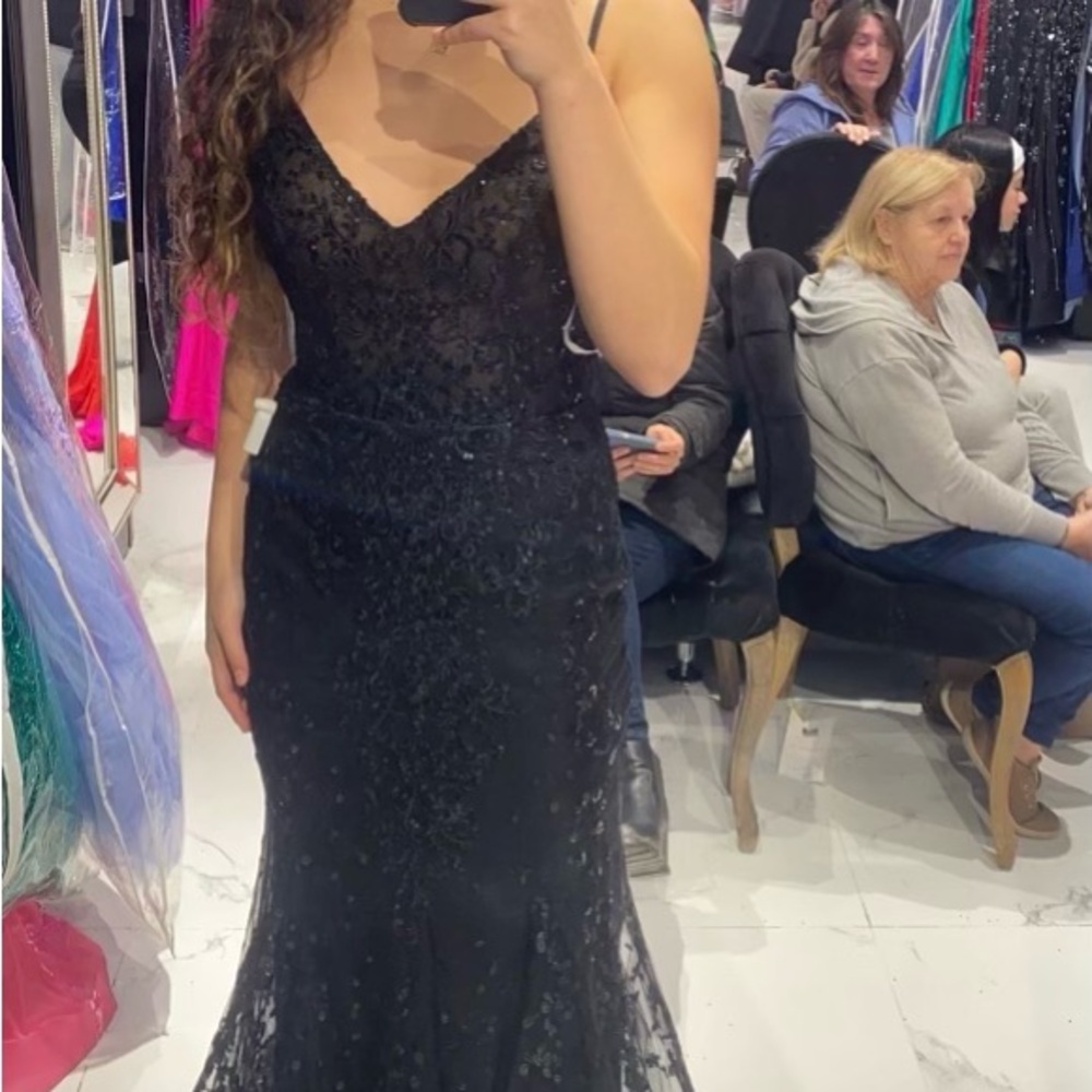 Prom dress, black, size 6, with train.